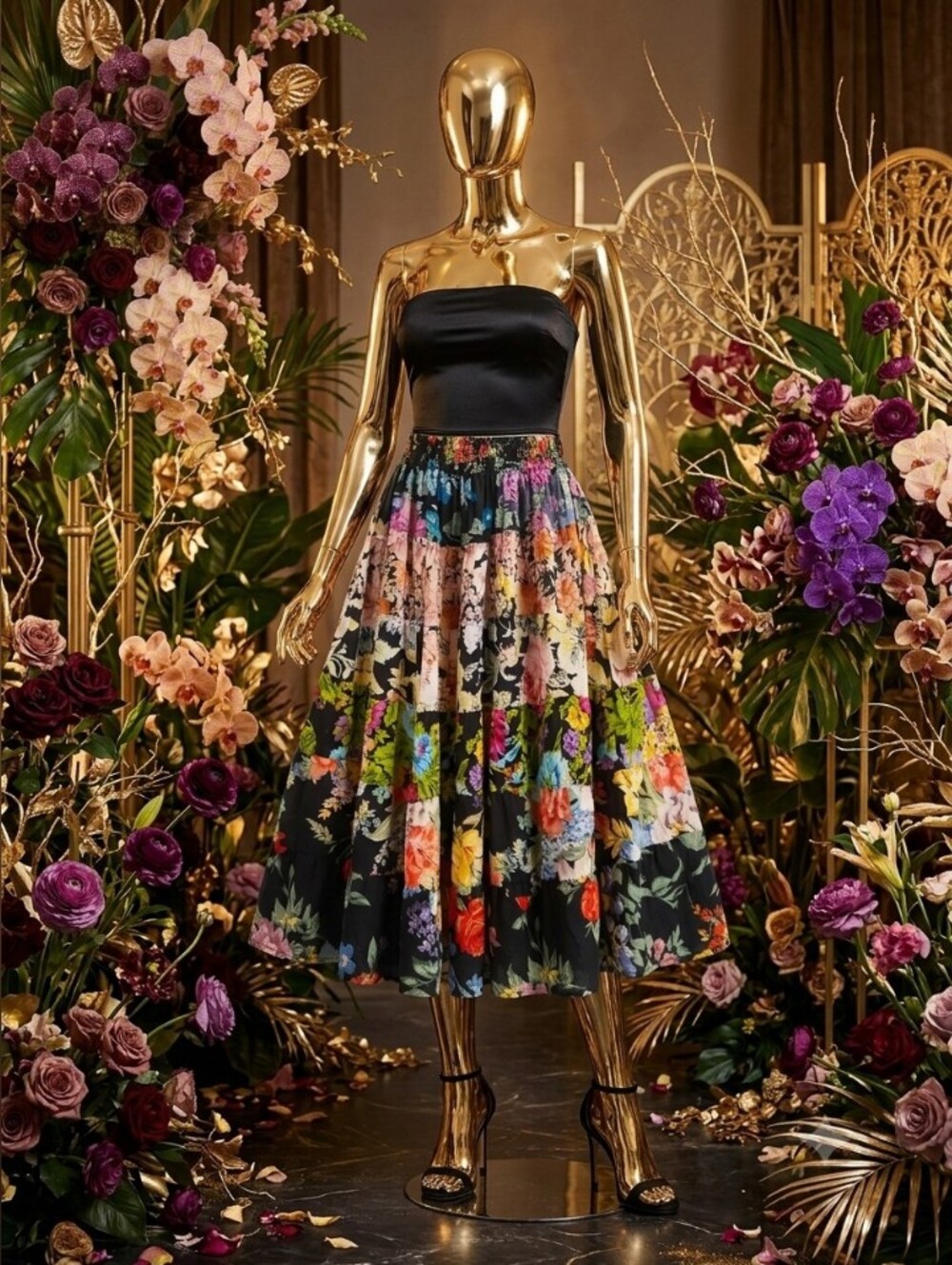 Floral Patchwork Tiered Midi Skirt - Black Multi